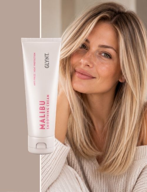 GLYNT_Malibu_Smoothing_Cream_und_Frau_mit_glatten_blonden_Haaren